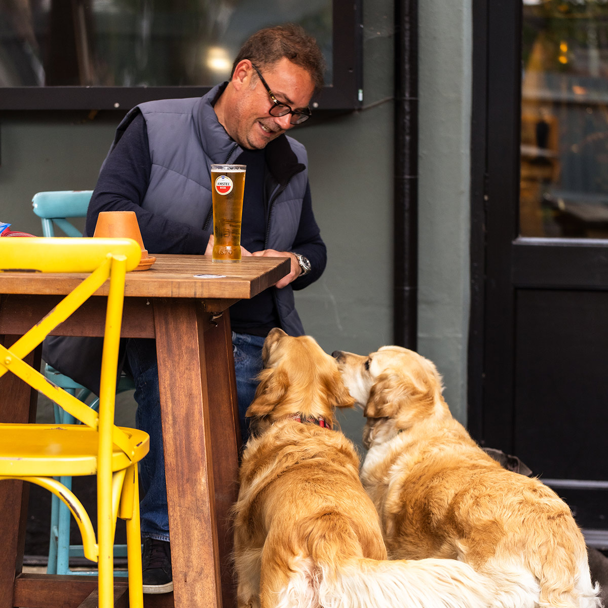 Two golden retrievers at the feet of a man with a pint of lager at an outdoor table at The Buck