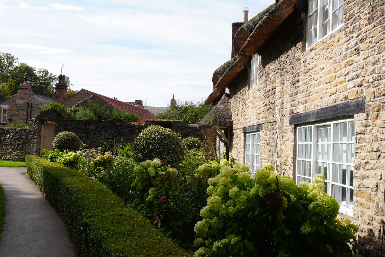 The stone wall and thatched roof of Beck Isle Cottage above a garden of hydrangeas and clipped box