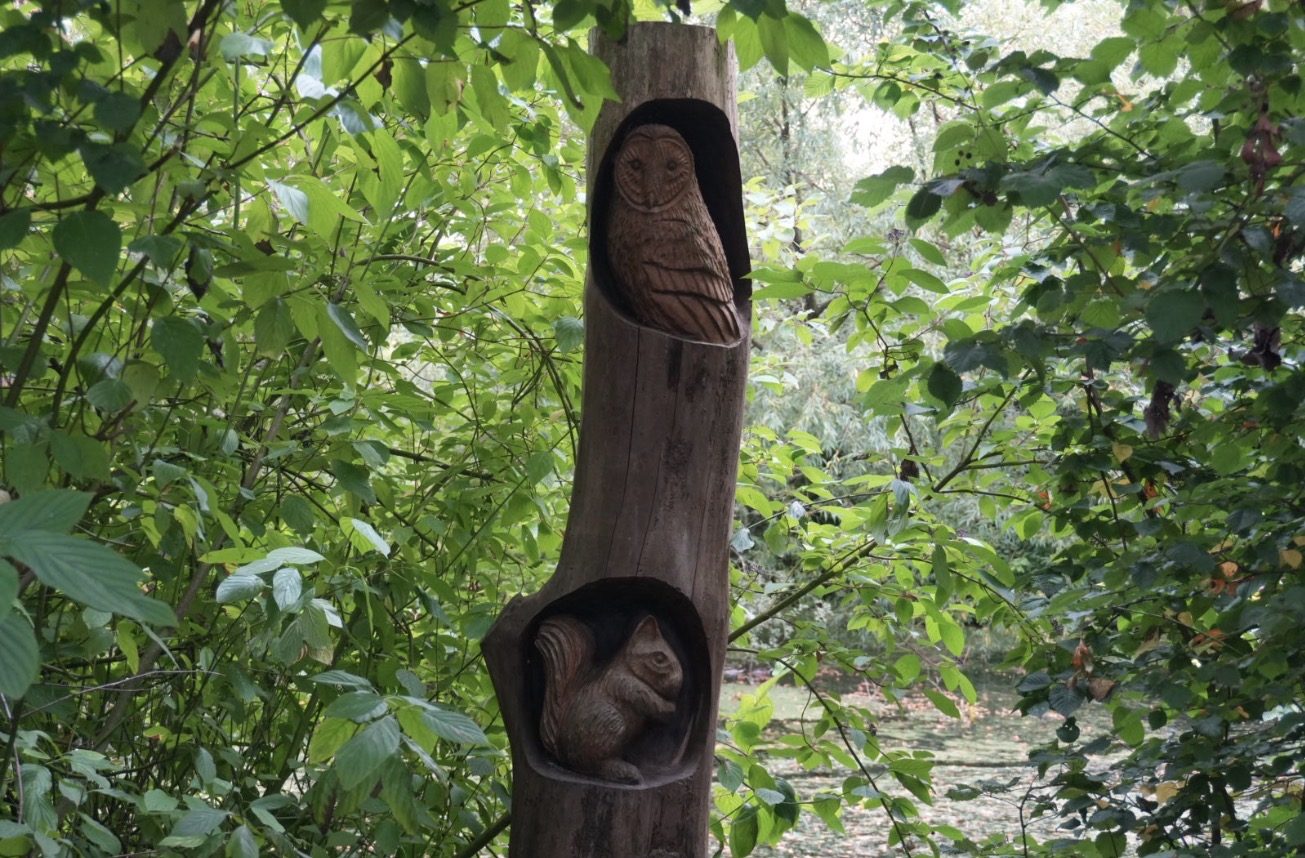 A wooden post carved with an owl and a squirrel, among green leaves