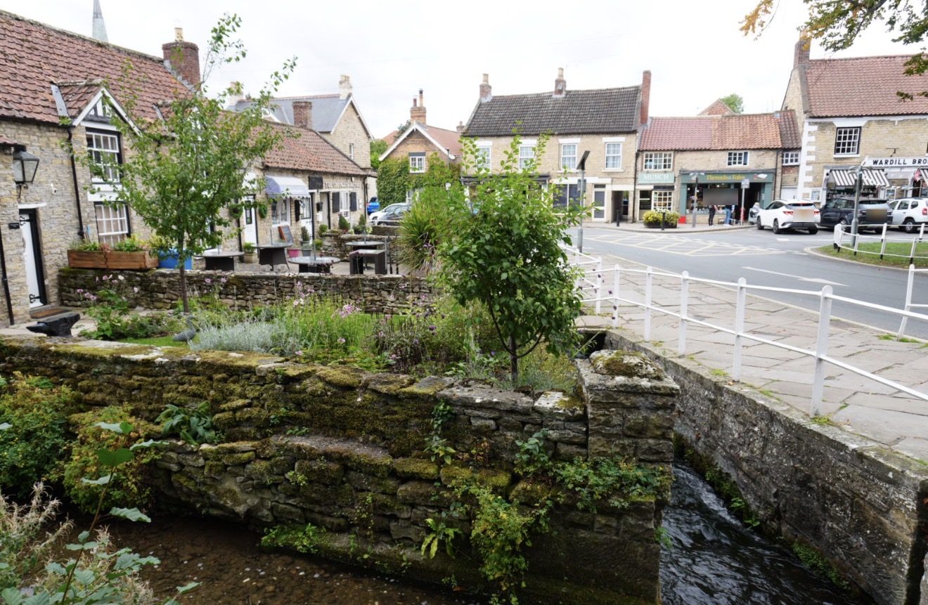 A moss-covered stone wall and planted garden above Thornton Beck, with shops and Wardill Bros across the road