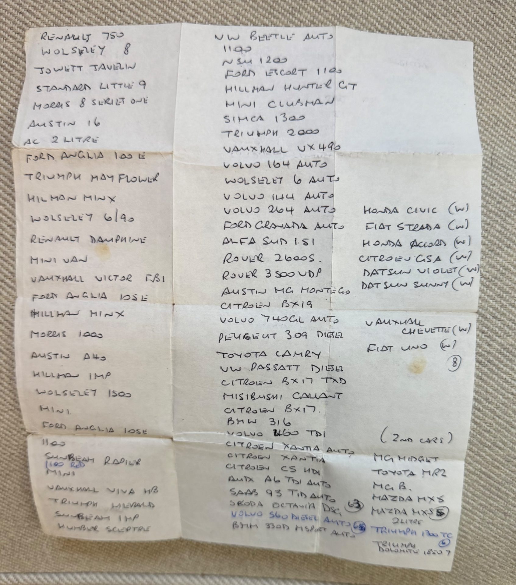 A folded, handwritten sheet in capital letters listing the cars Bubbles has owned, in three columns, from a Renault 750 and Wolseley 8 to a BMW 330d and Triumph Dolomite, with later entries added in blue ink