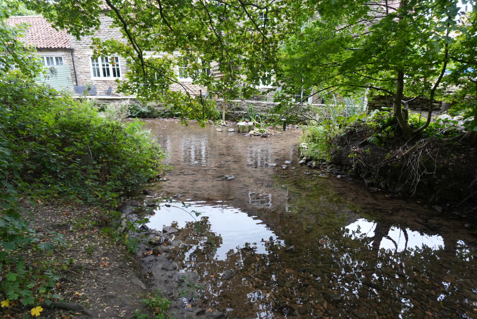 A quiet, still pool on Thornton Beck seen through overhanging trees, with a stone cottage and garden behind